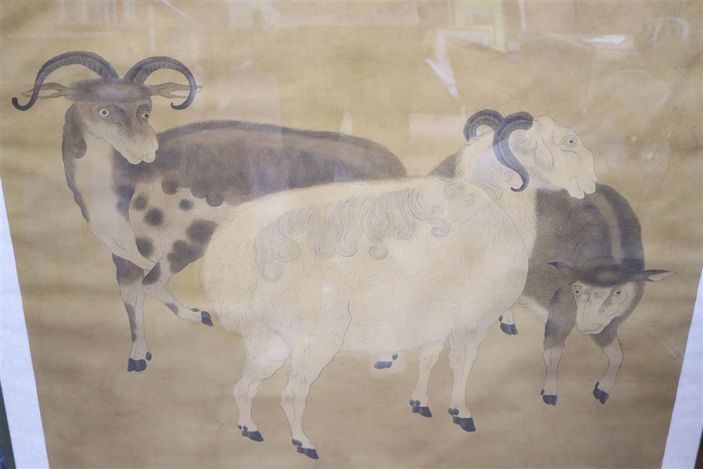 Chinese School (early 20th century), Two Rams and Ewe, 87 x 87cm, overall 172 x 98cm